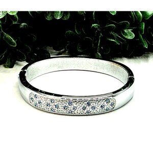 Silver-Tone Hinged Bracelet With Blue Rhinestone Accents